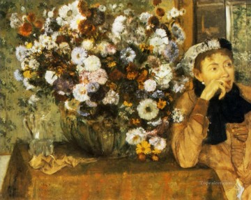 Edgar Degas Painting - Una mujer sentada junto a un jarrón de flores 1865 Edgar Degas